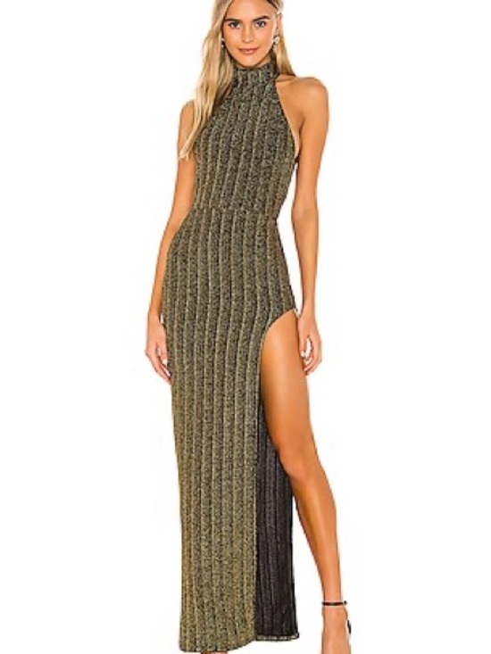Michael Costello Dresses & Skirts - Michael Costello Metallic Gold Halter Maxi Dress with Side Slit
